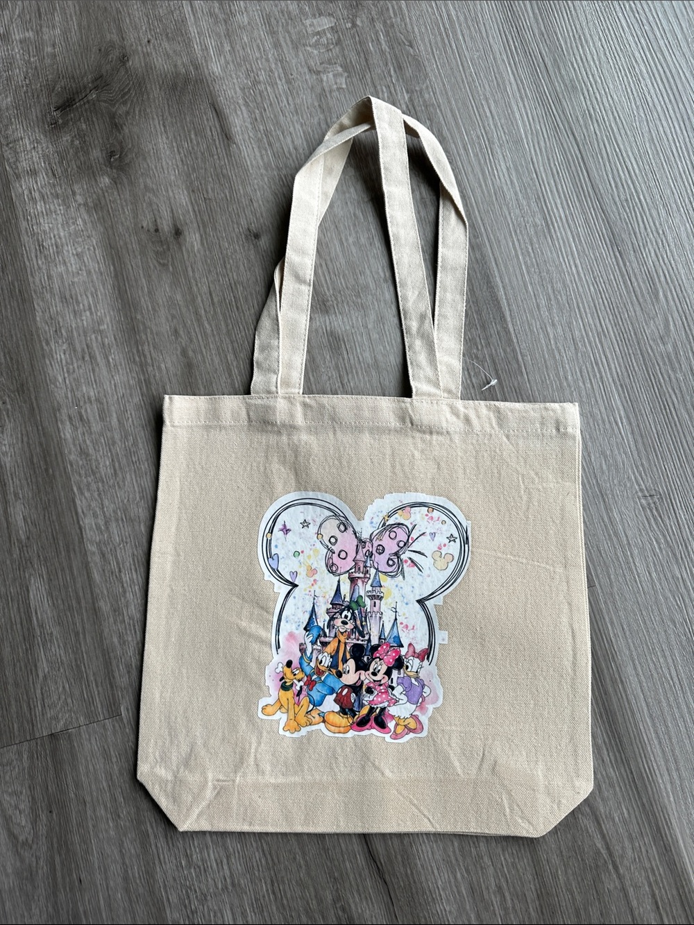 Canvas Tote Bag with Cartoon Castle and Characters - Beige